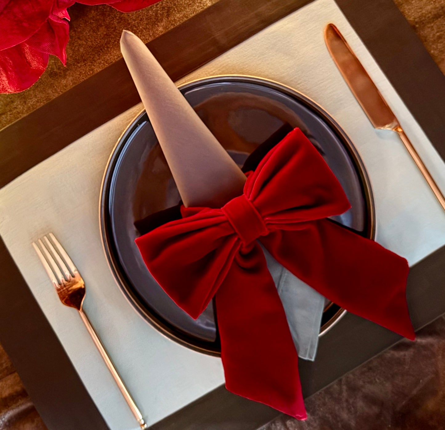 Burgundy velvet bow  napkin ring