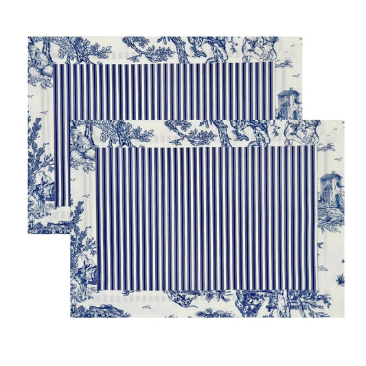The box navy blue toile placemats.