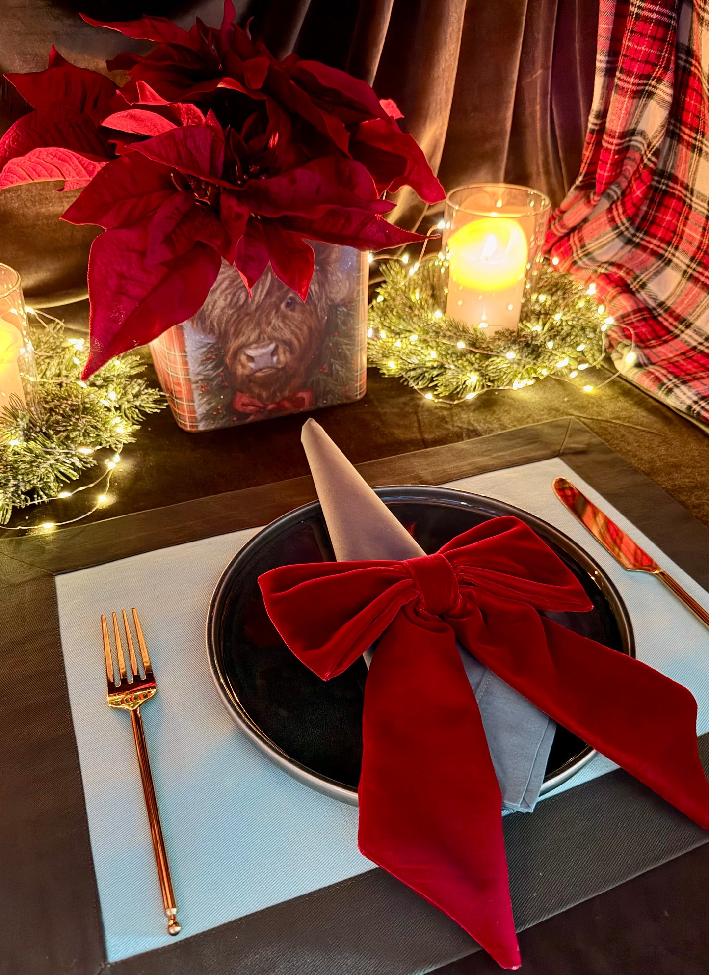 Burgundy velvet bow  napkin ring